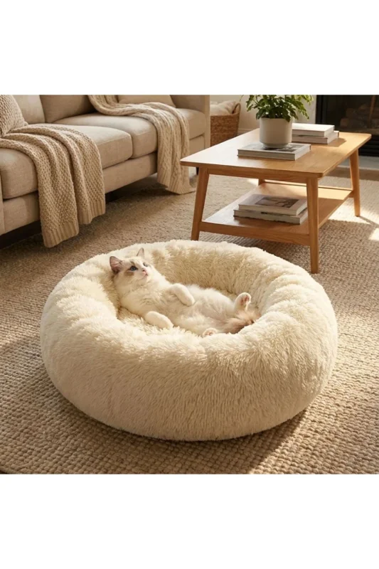 ® Yuvarlak Ultra Yumuşak Welsoft Peluş Kedi ve Köpek Yatağı – Kaymaz Taban – 4. görsel