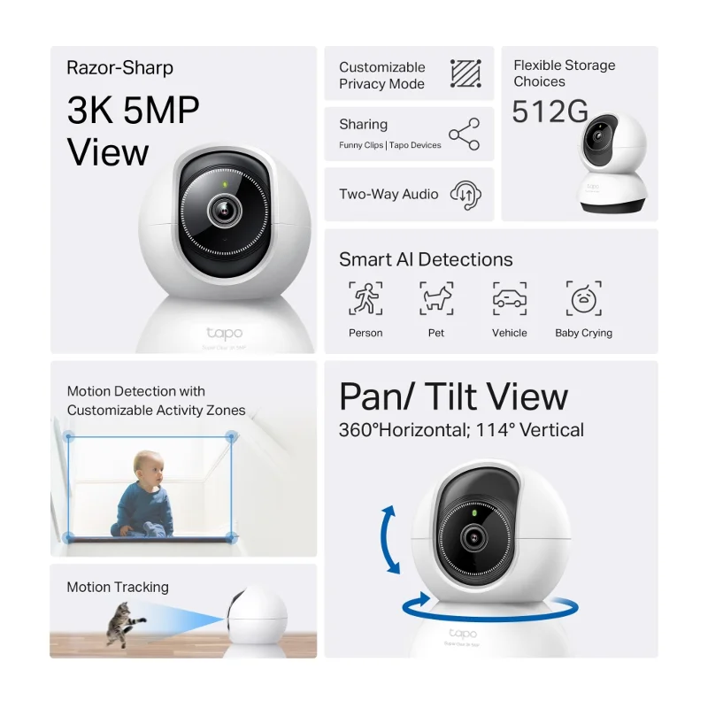 TP-LINK Tapo TC74 (C230), 3K, 5,0Mpix, İç Mekan, WiFi, 12Mt. Gece Görüşü, 360 Dönüş, İki Yönlü Ses Güvenlik Yapay Zeka Destekli Kamera – 3. görsel