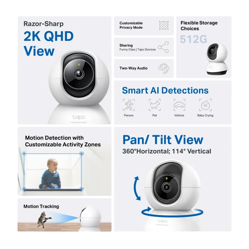 TP-LINK Tapo TC72 (C220), 2K QHD 4,0Mpix, İç Mekan WiFi, 9Mt. Gece Görüşü, 360 Dönüş, İki Yönlü Ses Güvenlik Yapay Zeka Destekli Kamera – 2. görsel