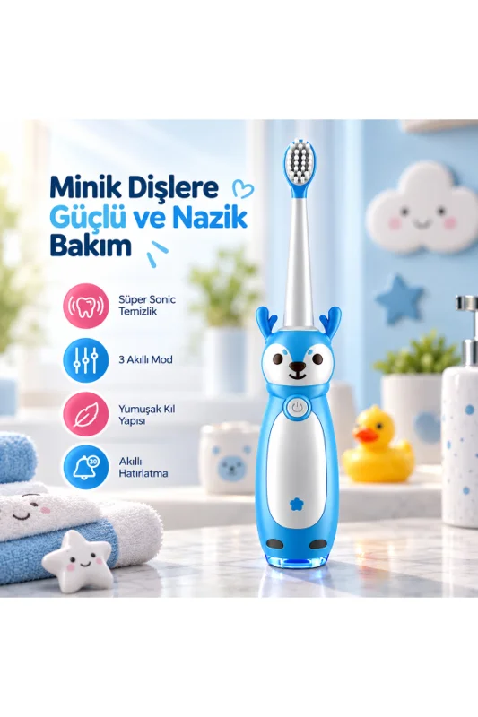 XM-806 POFİDİK Type-C Şarjlı Çocuk Diş Fırçası, Sonik, IPX7, 3 Modlu, Geyik Figürlü – 2. görsel