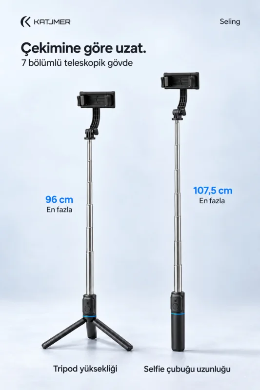 C01 SELİNG Bluetooth Kumandalı Tripod Selfie Çubuğu 107,5 cm, 7 Bölümlü, Çıkarılabilir Tutucu, CR2032 - SİYAH – 2. görsel