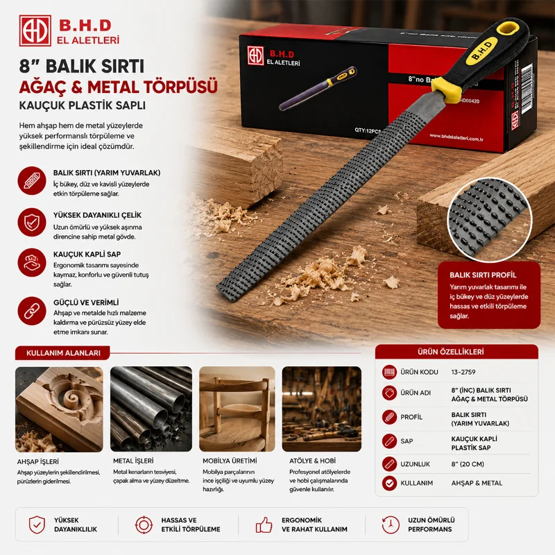 Balık Sırtı Ağaç ve Metal Törpüsü - Kauçuk Saplı, 8 inç