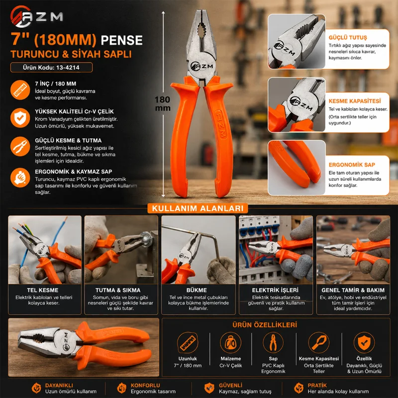 Turuncu Siyah Saplı Cr-V Pense, 180 mm