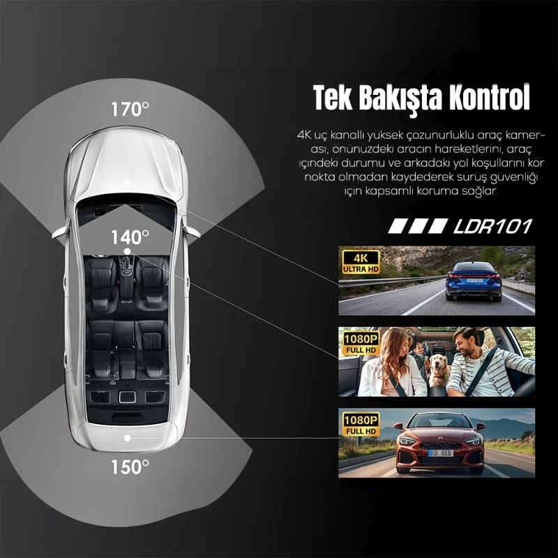 Lenyes LDR101 4K Ultra HD Wifi Destekli Akıllı Ön ve Arka Araç içi Kamera Siyah