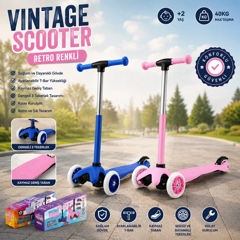 Vintage Çocuk Scooter - Ayarlı 55–71 cm, 40 kg Taşıma