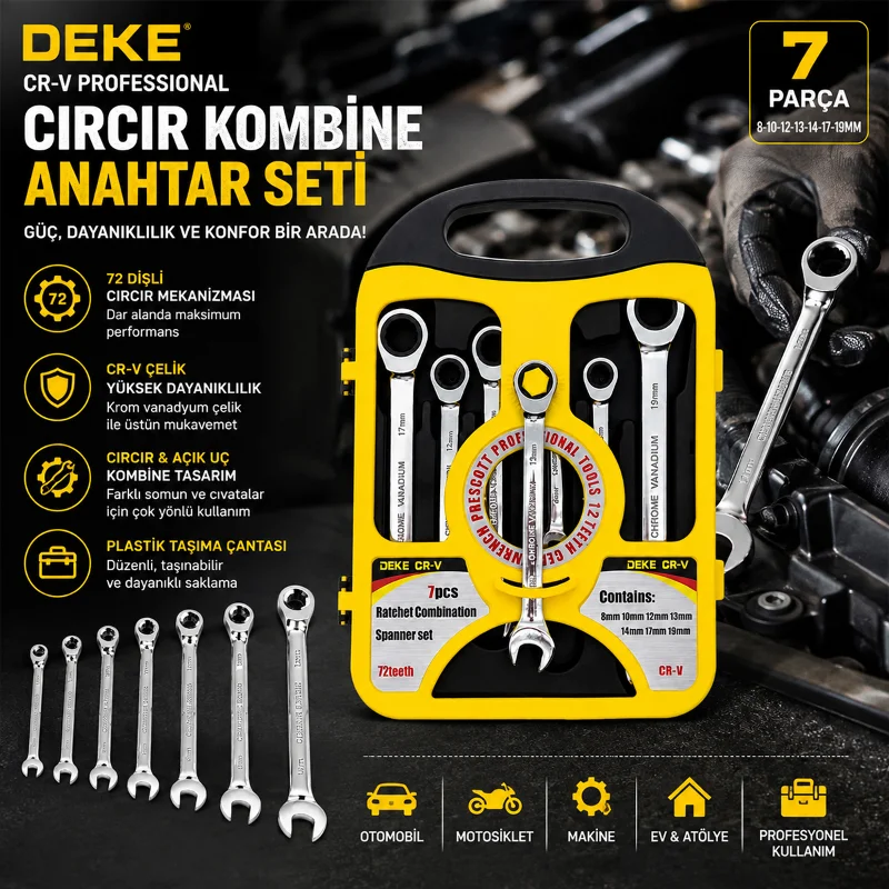 7 Parça CR-V Lokmalı Kombine Anahtar Seti 8-19 mm