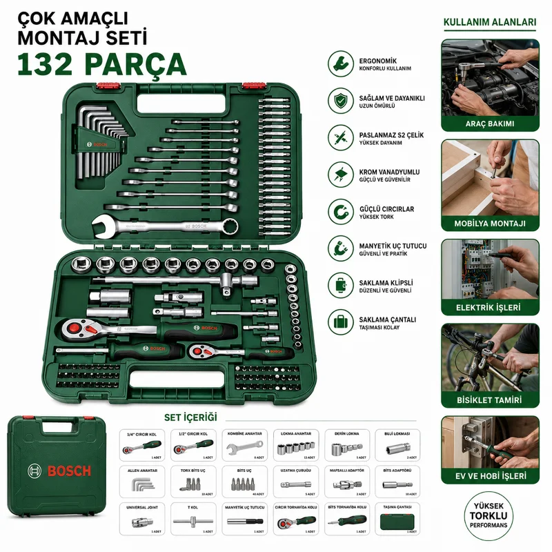 132 Parça 1/2 inç & 1/4 inç Lokma Takımı - Cırcır, Alyan, Bits ve Uzatma Uçları – 2. görsel