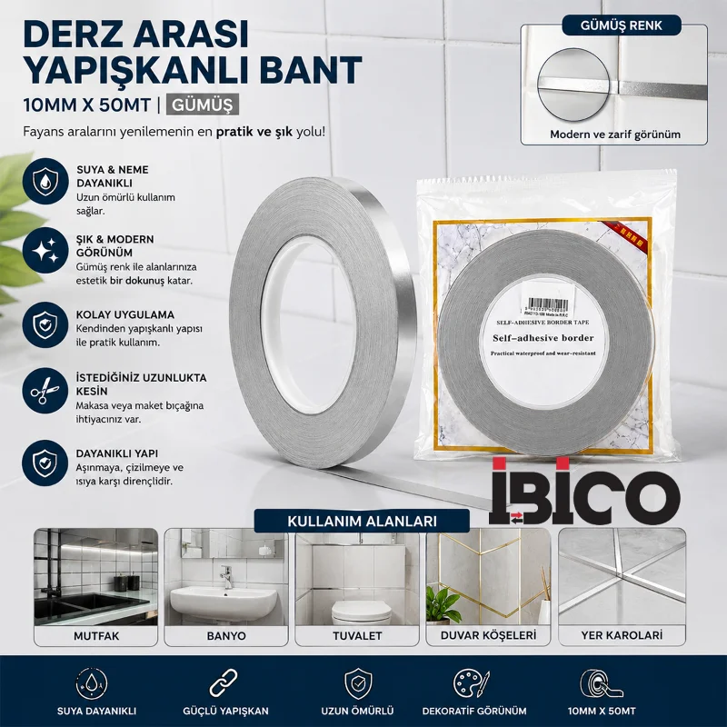 Derz Arası Yapışkanlı Bant 10mm x 50m - Gümüş