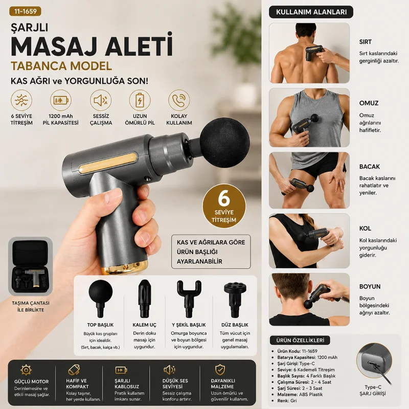 Şarjlı Masaj Tabancası - 6 Kademe Kas Masaj Aleti