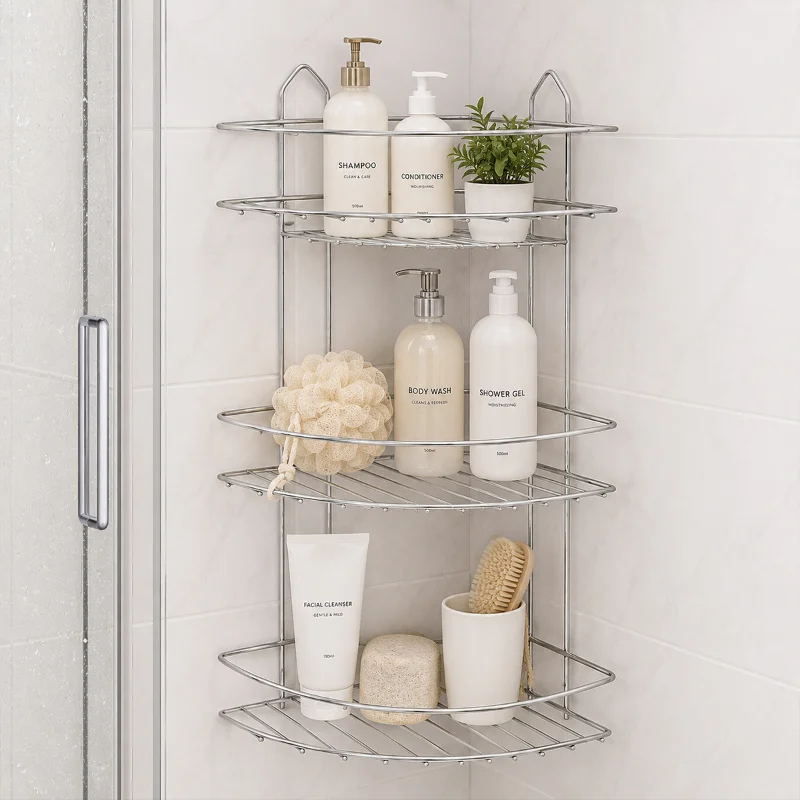 Üç Katlı Üçgen Metal Banyo Köşeliği Krom
