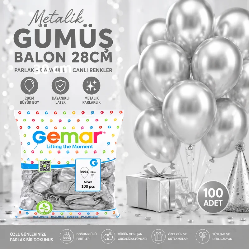 Metalik Gümüş Balon 100'lü