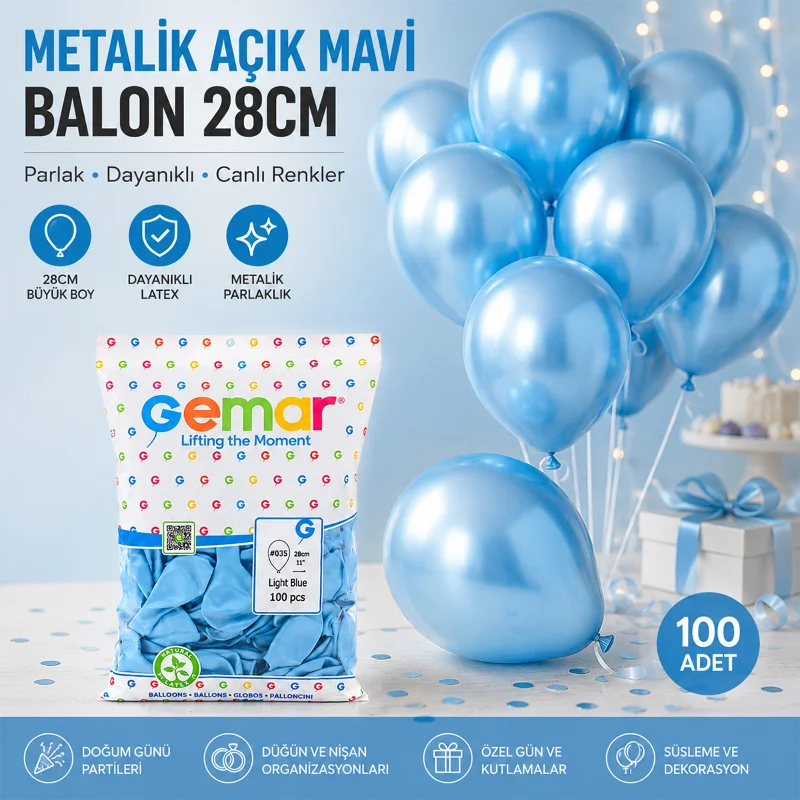Metalik Açık Mavi Lateks Balon 100'lü