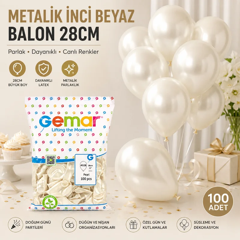 Metalik İnci Beyaz Balon 100'lü