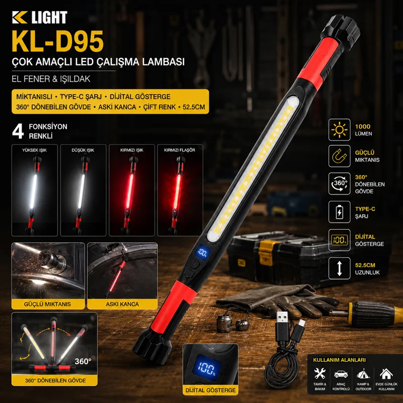 Şarjlı Mıknatıslı LED Çalışma Lambası (Type-C, 360° Döner, 52.5 cm) – 4. görsel