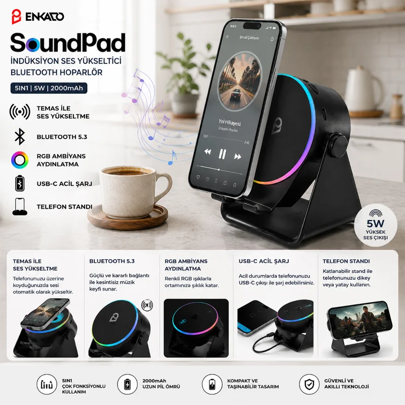 Bluetooth Soundpad Hoparlör 5W 2000mAh (Telefon Standı, USB-C)