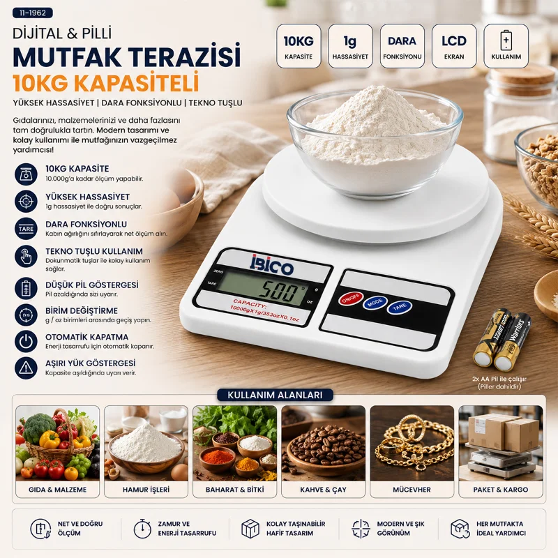 Dijital Mutfak Tartısı 10kg 1g Pilli