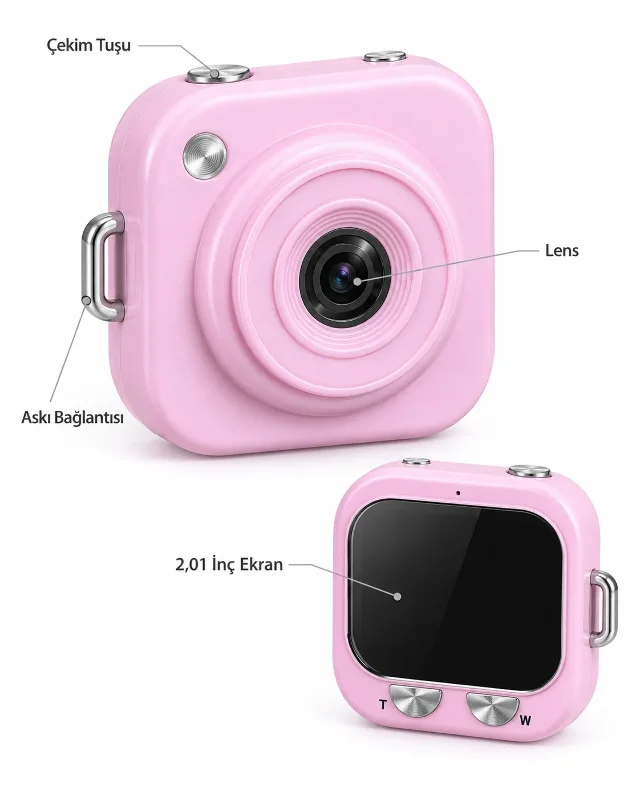 Seyahat İçin Pembe Mini Dijital Kamera 2,01 İnç Ekran