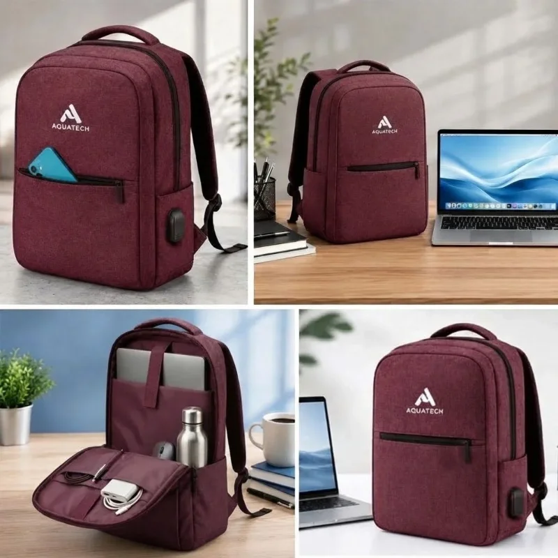 Ergonomik Bordo Renkli Laptop Sırt Çantası USB Şarj Portlu