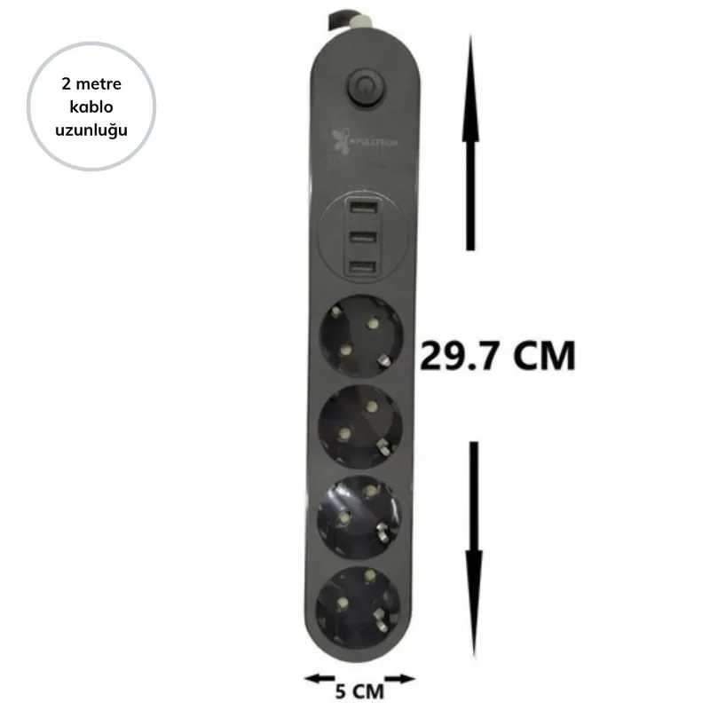 Ergonomik 3 USB Li Akım Korumalı 2 Metre Uzunlukta Grup Priz