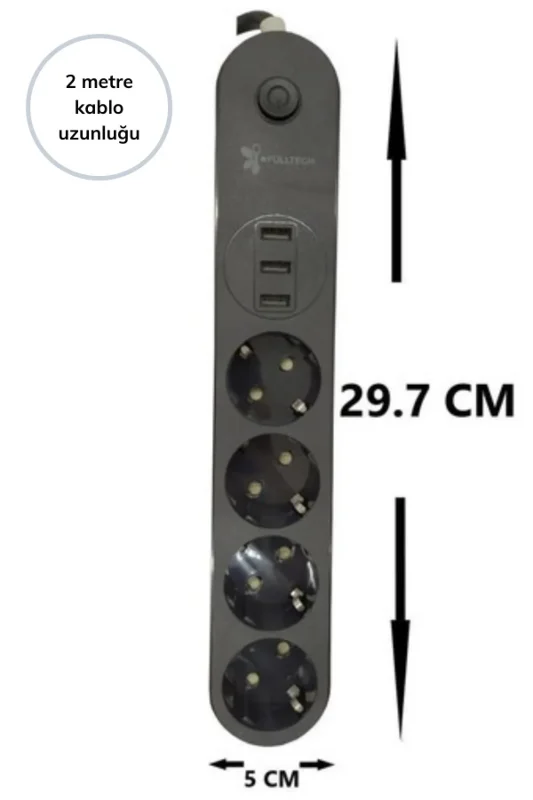 Ergonomik 3 USB Li Akım Korumalı 2 Metre Uzunlukta Grup Priz
