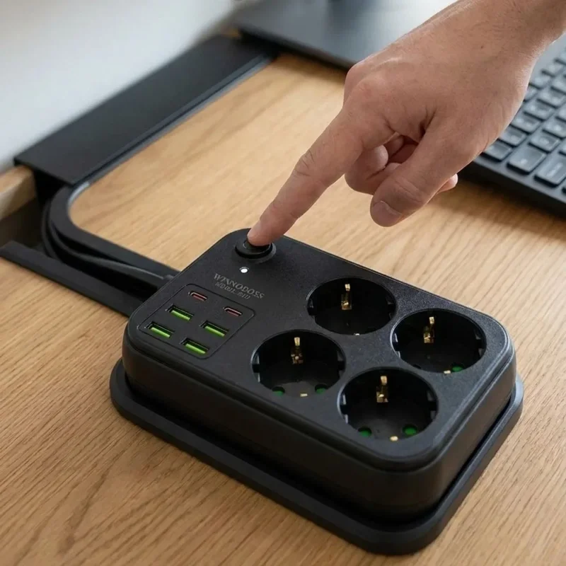 Ergonomik Çok Amaçlı Güvenli Priz Uzatma Kablosu 4 Soket 6 USB