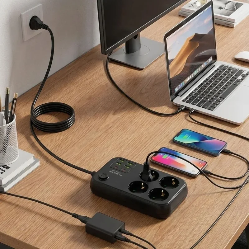 Ergonomik Çok Amaçlı Güvenli Priz Uzatma Kablosu 4 Soket 6 USB
