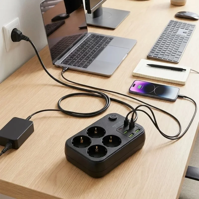 Ergonomik Çok Amaçlı Güvenli Priz Uzatma Kablosu 4 Soket 6 USB