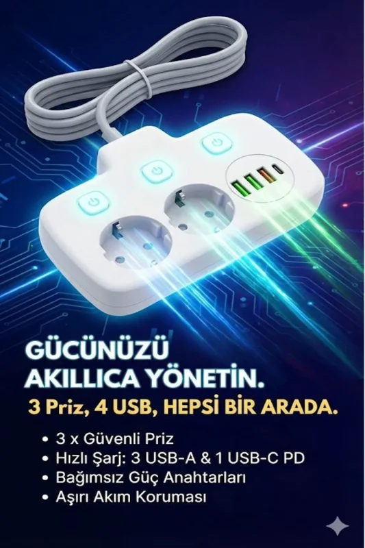 Yüksek Kapasiteli Güç Koruma Prizi 3 USB Type-C Hızlı Şarj 2 Metre