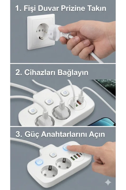 Yüksek Kapasiteli Güç Koruma Prizi 3 USB Type-C Hızlı Şarj 2 Metre
