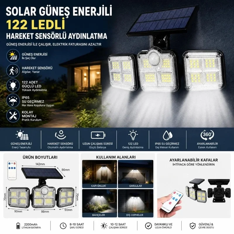 Ergonomik Güneş Enerjili 3'lü LED Dış Mekan Bahçe Lambası