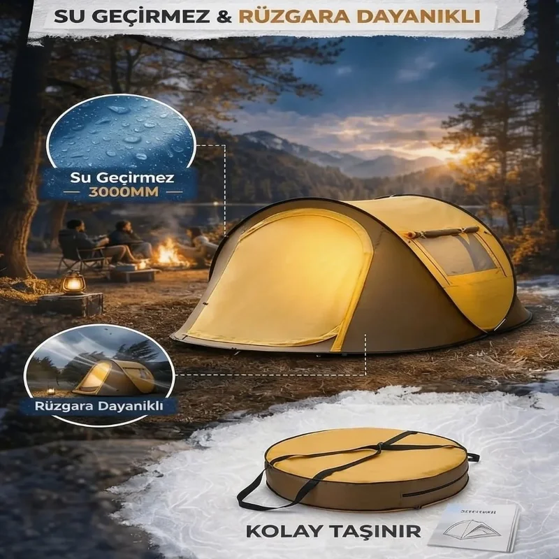 Hafif Taşınabilir Çift Kapılı Vagon Tipi 2 Kişilik Kamp Çadırı