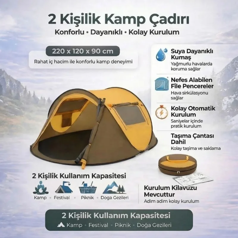 Hafif Taşınabilir Çift Kapılı Vagon Tipi 2 Kişilik Kamp Çadırı