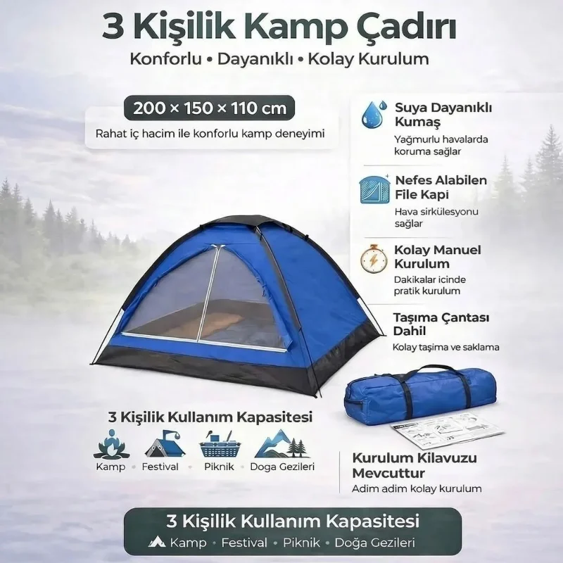 Ergonomik Düz Kapılı 3 Kişilik Kamp Çadırı 200 x 150 x 110 cm