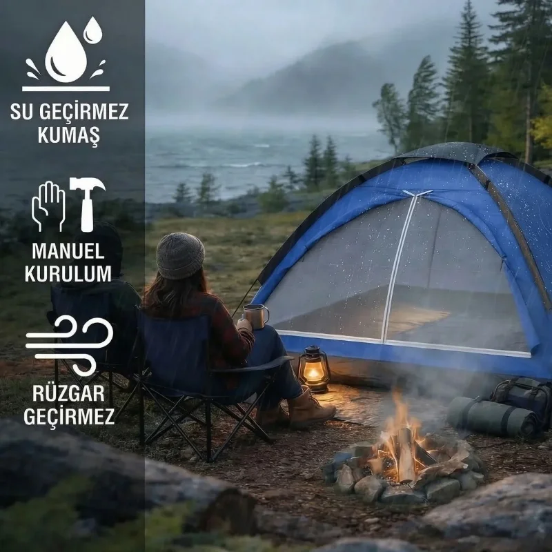 Ergonomik Düz Kapılı 3 Kişilik Kamp Çadırı 200 x 150 x 110 cm