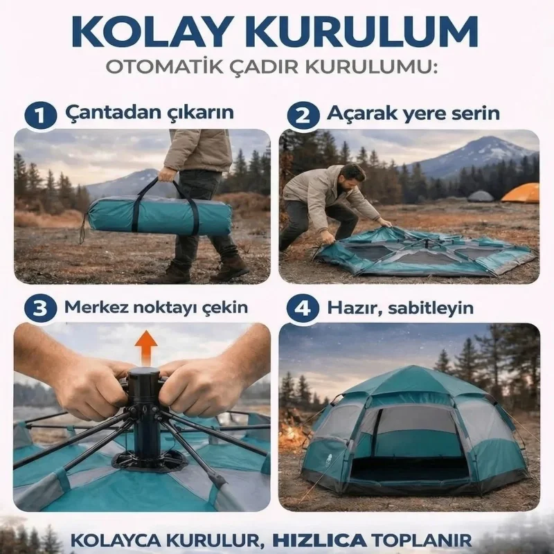 Ergonomik Suya Dayanıklı 4 Kişilik Hızlı Kurulumlu Kamp Çadırı