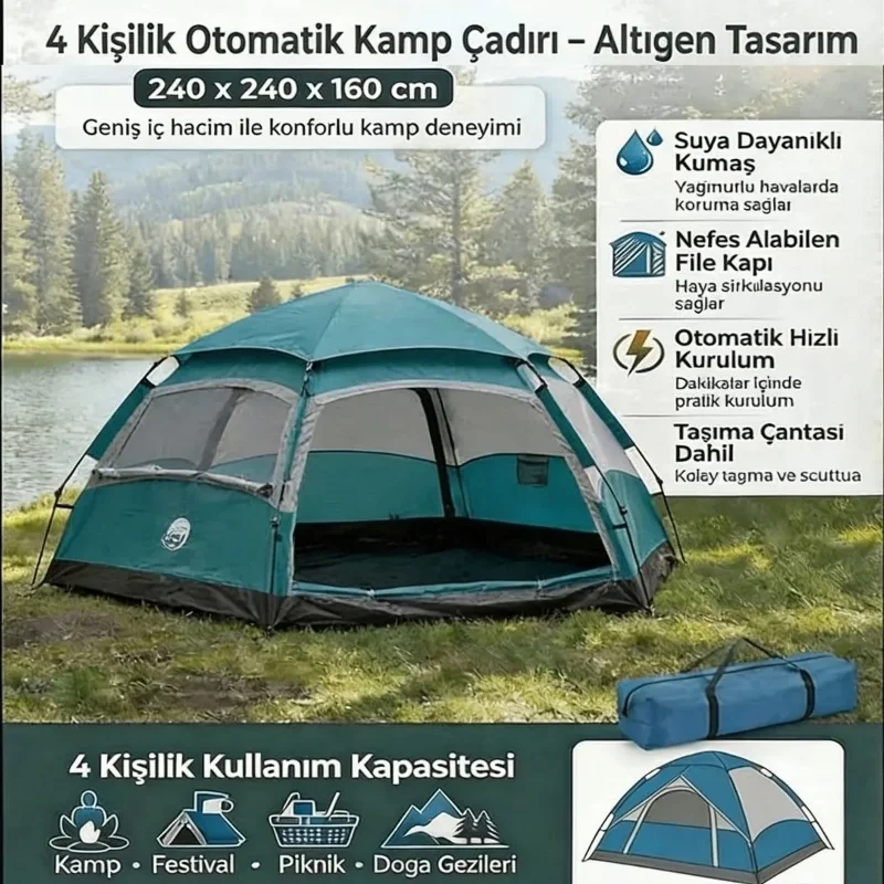 Ergonomik Suya Dayanıklı 4 Kişilik Hızlı Kurulumlu Kamp Çadırı