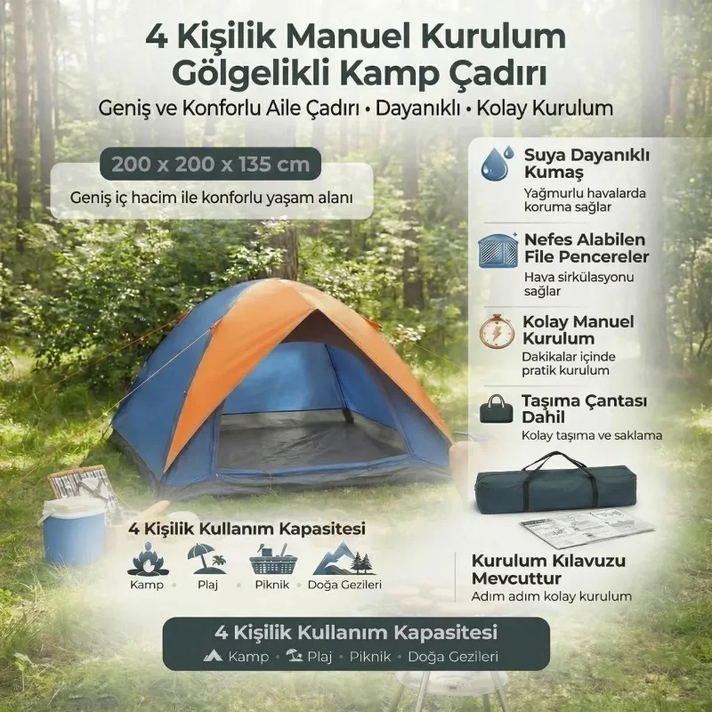 Ergonomik Gölgelikli 4 Kişilik Kamp Çadırı 200 x 200 cm