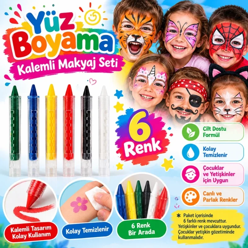 Eğlenceli Palyaço Yüz Boyama Seti 6 Renk Kalemli