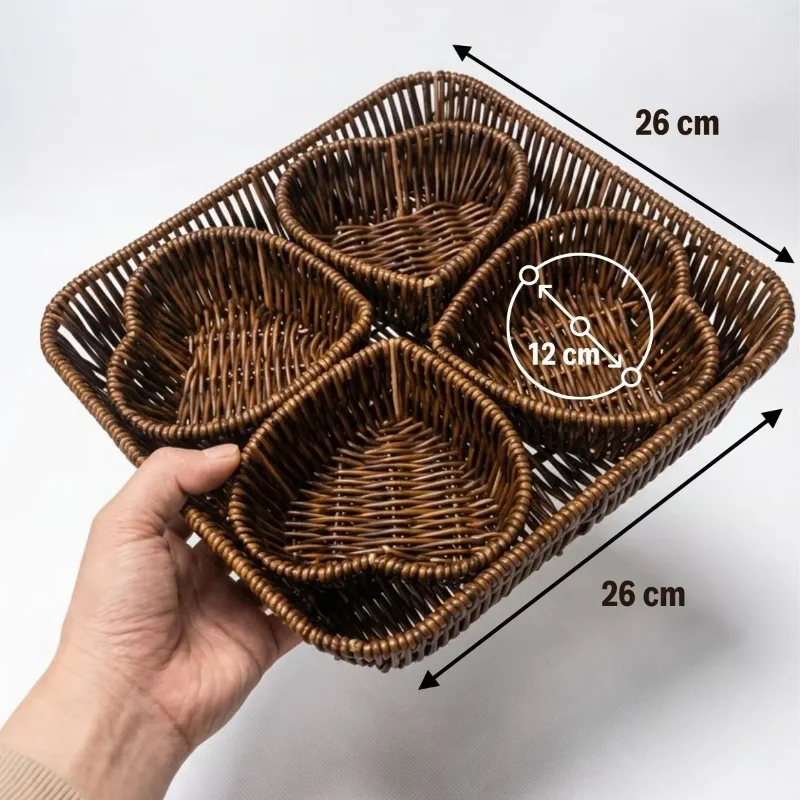 Şık Tasarım 5 Parça Kalp Formlu Rattan Kahvaltı ve Sunum Seti
