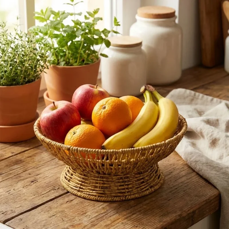 Ergonomik 28 cm Doğal Hasır Görünümlü Plastik Sunum Çanağı