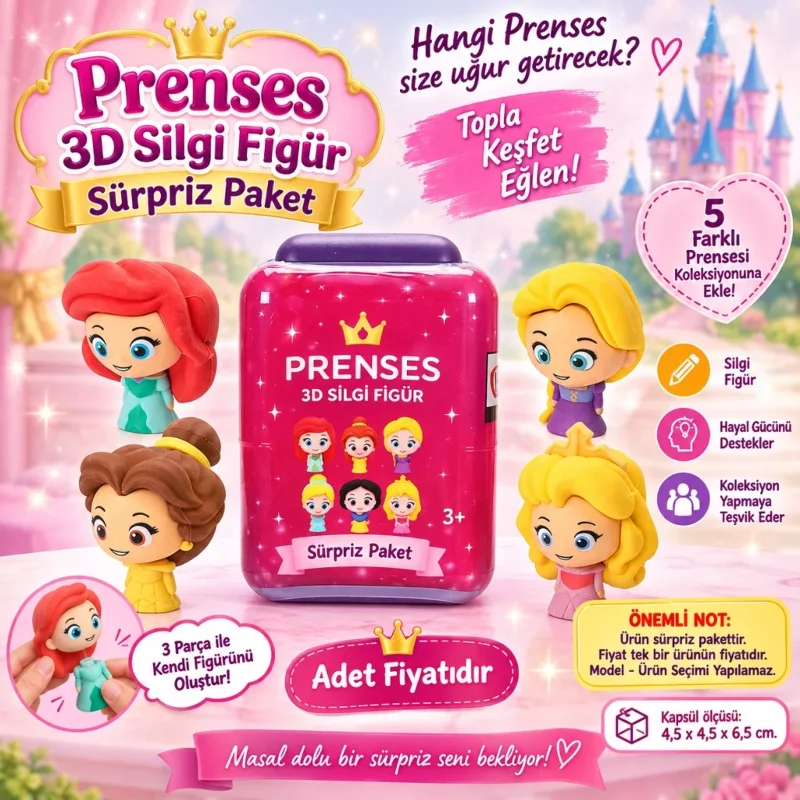 3D Silgi Figür Sürpriz Paket - Princess Puzzle Palz 4 Adet