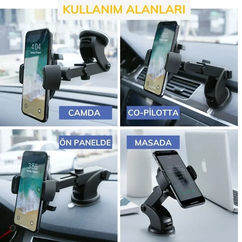 Ergonomik Vantuzlu Teleskopik Araç Telefon Tutucu ile 360 Derece Dönüş