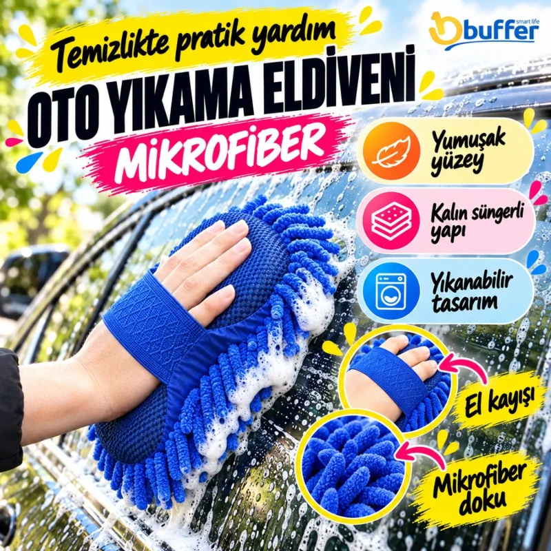Ultra Emici Mikrofiber Araç Temizleme Eldiveni - Kalın Süngerli Oto Yıkama Bezi