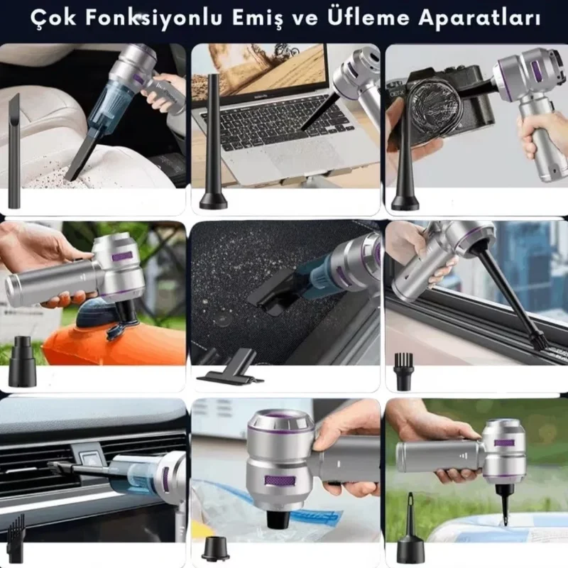 Güçlü Emişli Kablosuz Araç İçi Süpürge - 9 Farklı Uç İle Pratik Temizlik