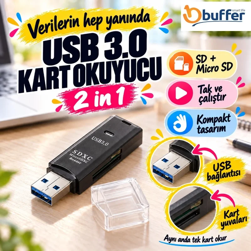 Hızlı Veri Aktarımı Sağlayan USB 3.0 Micro SD Kart Okuyucu Adaptör