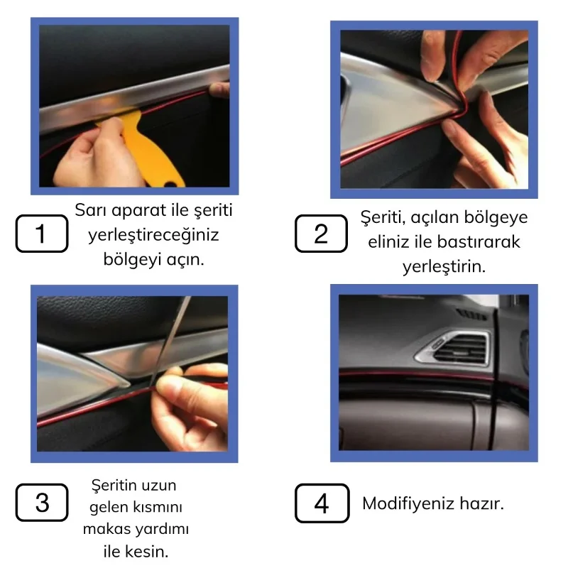 Ergonomik Mavi Oto Trim Dekorasyon Kauçuk Şerit Bant 5 Metre