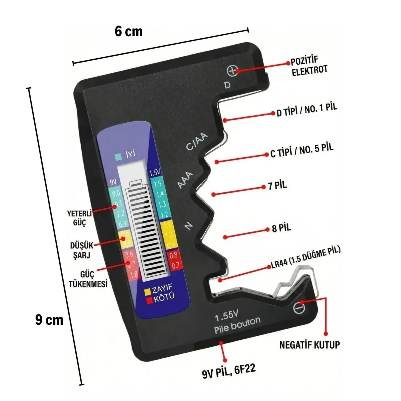 Yüksek Kaliteli Mini Dijital Pil Test Cihazı - AA, AAA, 9 V Uyumlu