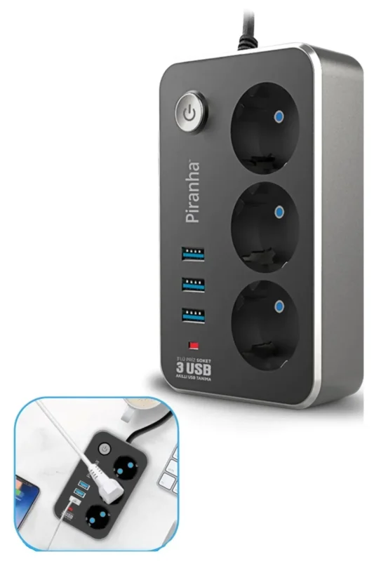 Yüksek Kaliteli Isıya Dayanıklı 2 Metre 10 A 2500 W 3 lü Priz ve 3 USB Uzatma Kablosu
