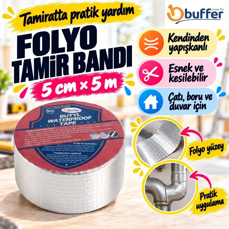 Ultra Dayanıklı Su Geçirmez Yapışkan Bant Folyo 5 cm Çatı Onarıcı