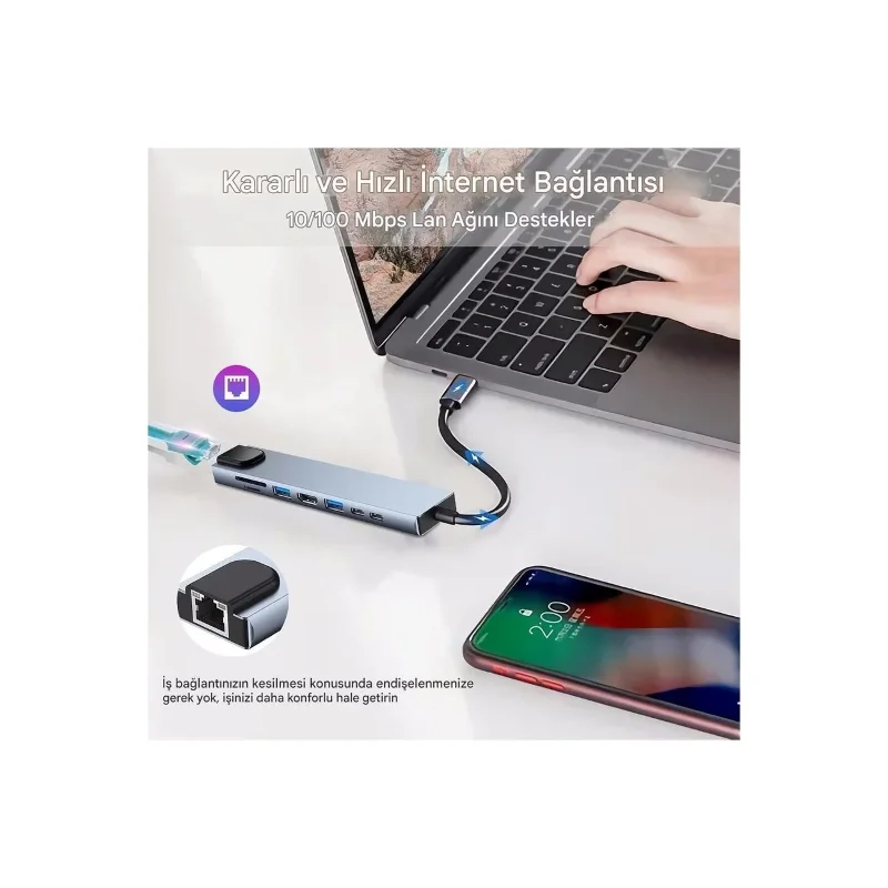 Ergonomik Çok Amaçlı USB-C Alüminyum Dönüştürücü Hub